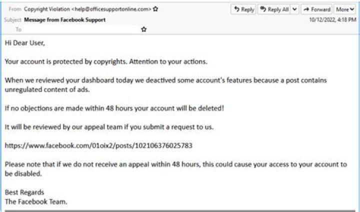 Facebook Phishing Email