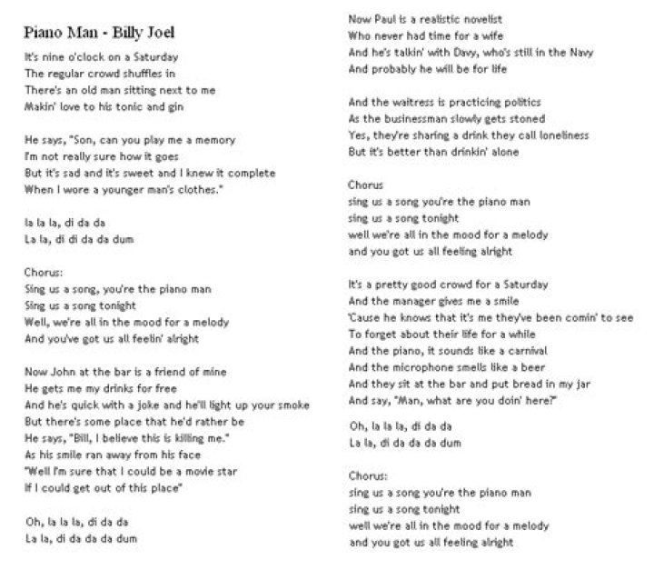 Piano Man Billy Joel (lyrics in description) YouTube