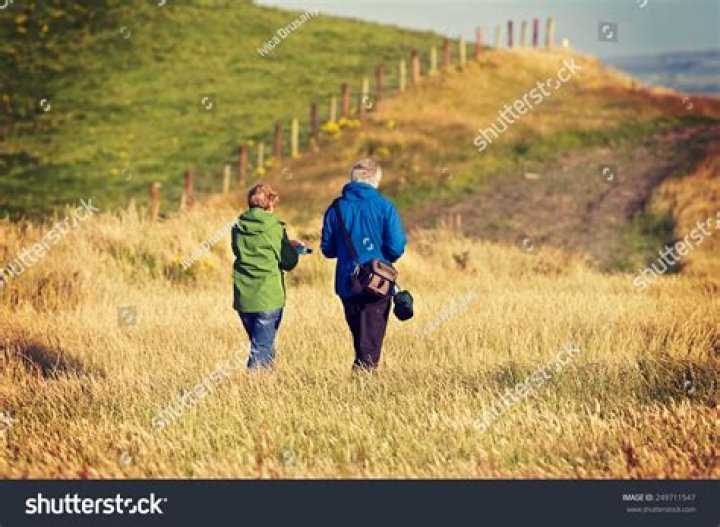 Senior citizen couple taking a walk in a park during autumn morning